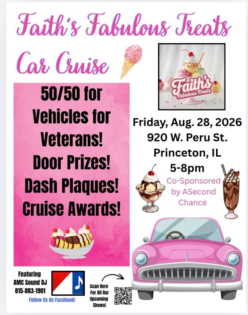 Faith's Fabulous Treats Car Cruise event at Faith's Fabulous Treats in Princeton, IL on August 28, 2026