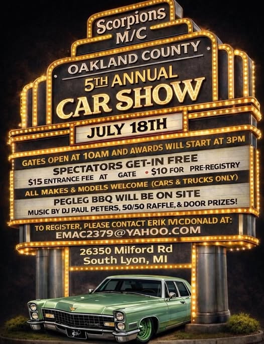 5th Annual Car Show event at 26350 Milford Rd in South Lyon, MI on July 18, 2026