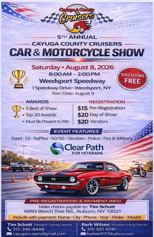 5th Annual Cayuga County Cruisers Car & Motorcycle Show event at Weedsport Speedway in Weedsport, NY on August 8, 2026