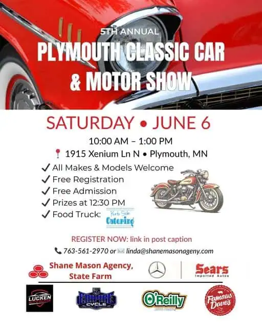 5th Annual Plymouth Classic Car & Motor Show event at 1915 Xenium Ln N in Plymouth, MN on June 6, 2026
