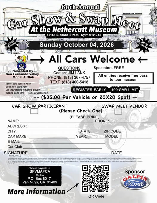 60th Annual Car Show & Swap Meet event at Nethercutt Museum in Sylmar, CA on October 4, 2026