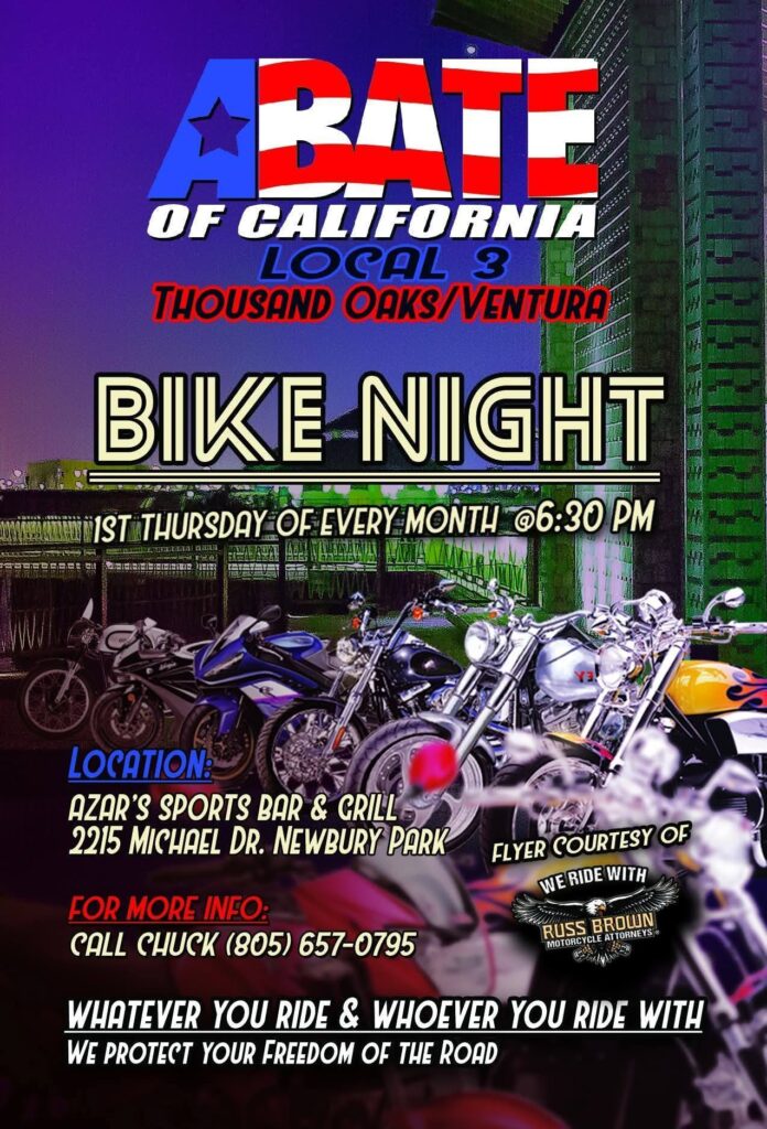 ABATE Of California Local 3 Thousand Oaks/Ventura Bike Night event at Azar's Sports Bar & Grill in Newbury Park, CA on April 2, 2026