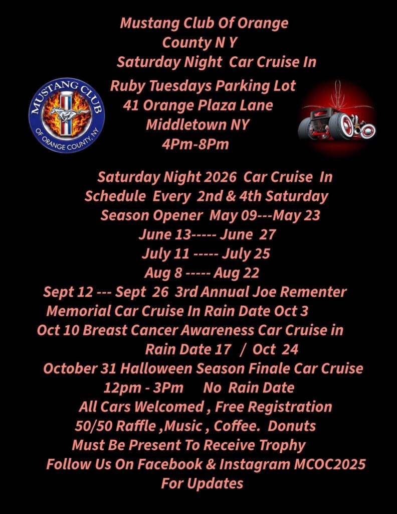 Saturday Night Car Cruise In event at Ruby Tuesdays Parking Lot in Middletown, NY on May 9, 2026