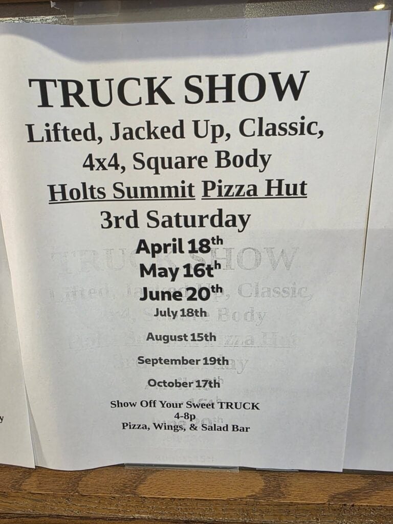Holts Summit Pizza Hut Truck Show event at Holts Summit Pizza Hut in Holts Summit, MO on April 18, 2026