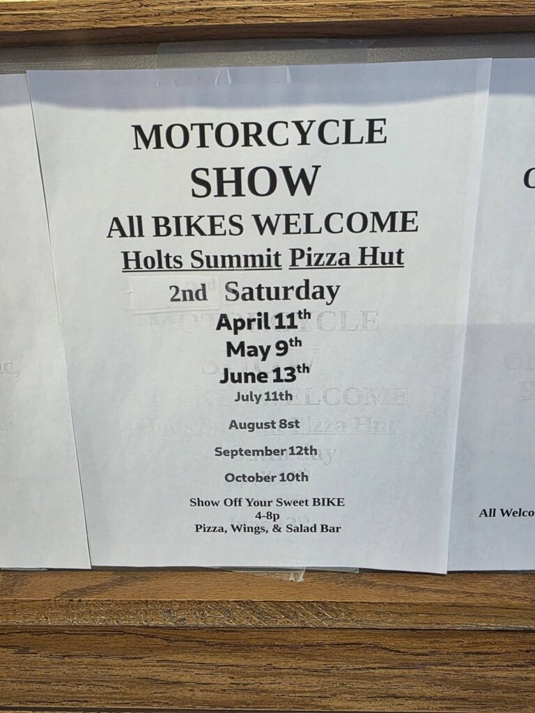 Holts Summit Pizza Hut Motorcycle Show event at Holts Summit Pizza Hut in Holts Summit, MO on April 11, 2026