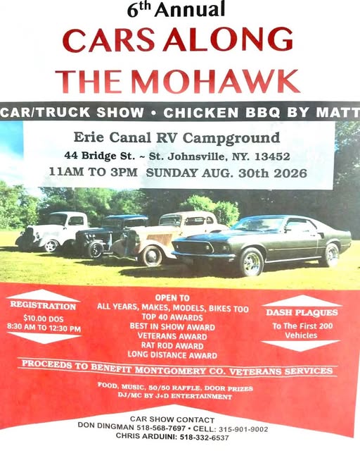6th Annual Cars Along The Mohawk event at Erie Canal RV Campground in St. Johnsville, NY on August 30, 2026