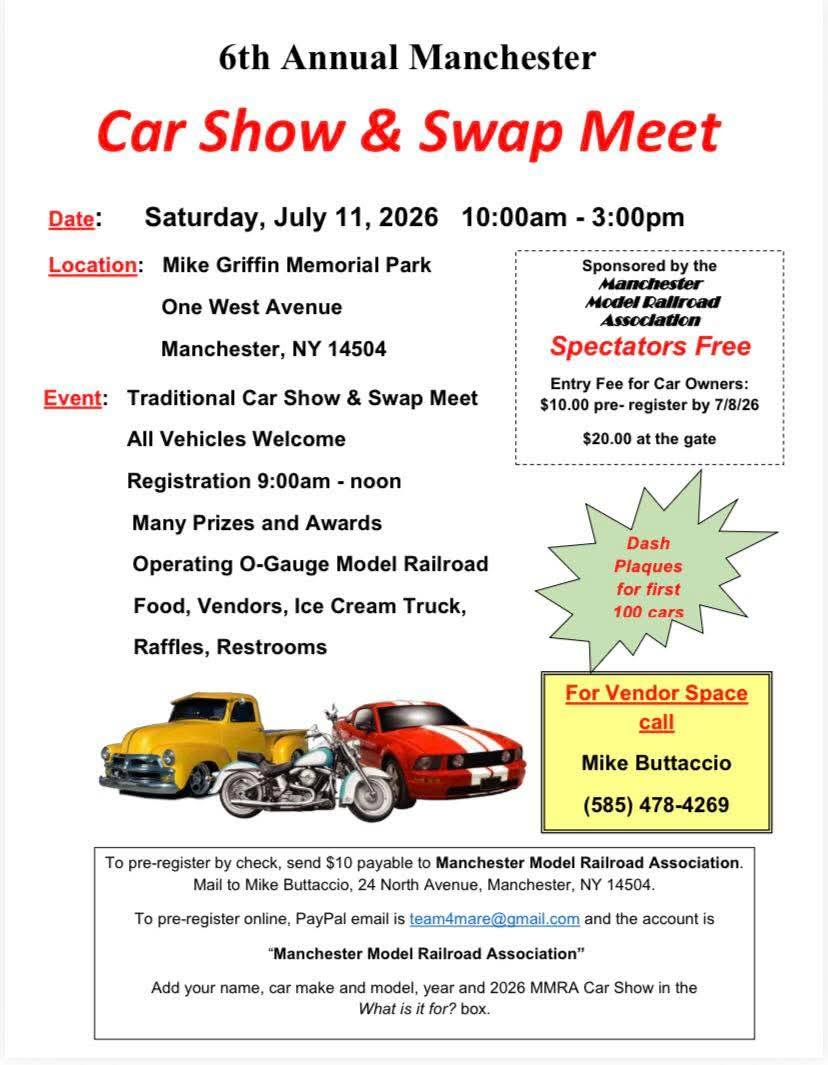 6th Annual Manchester Car Show & Swap Meet event at Mike Griffin Memorial Park in Manchester, NY on July 11, 2026