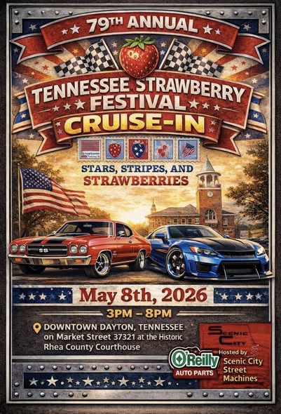 79th Annual Tennessee Strawberry Festival Cruise-In event at Rhea County Courthouse in Downtown Dayton, TN on May 8, 2026