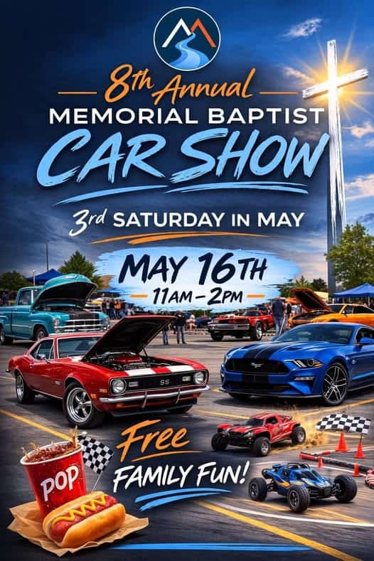 8th Annual Memorial Baptist Car Show event at Memorial Baptist Church in Sterling Heights, MI on May 16, 2026