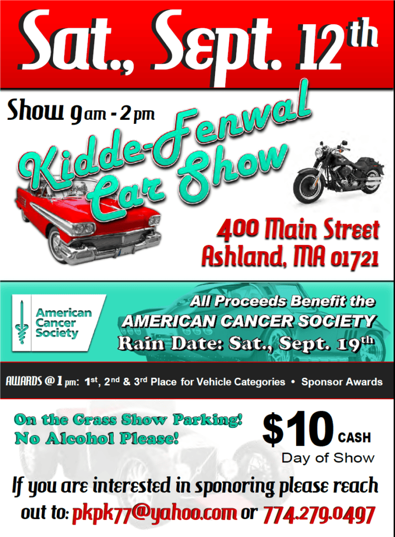 Kidde Fenwal 14th Annual Car Show – SATURDAY SEPT 12 car show in ASHLAND, MA