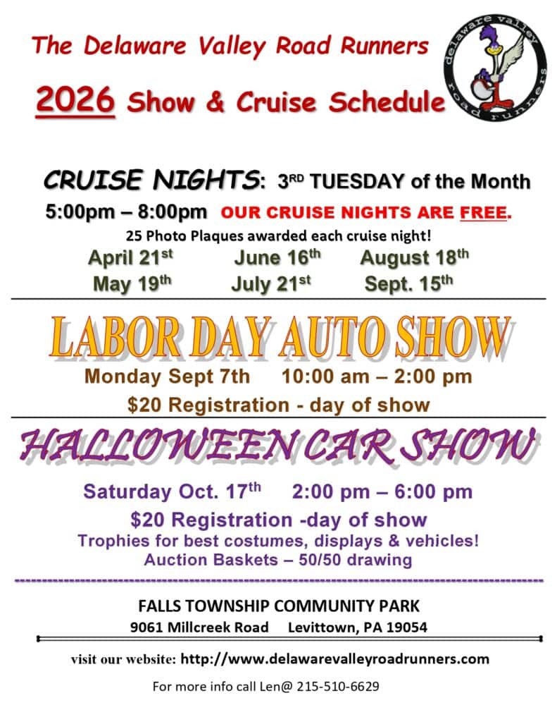 Delaware Valley Road Runners 2026 Cruise Nights event at Falls Township Community Park in Levittown, PA on April 21, 2026