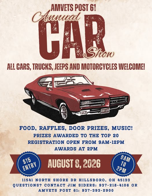 AMVETS Post 61 Annual Car Show event at 11541 North Shore Dr in Hillsboro, OH on August 8, 2026