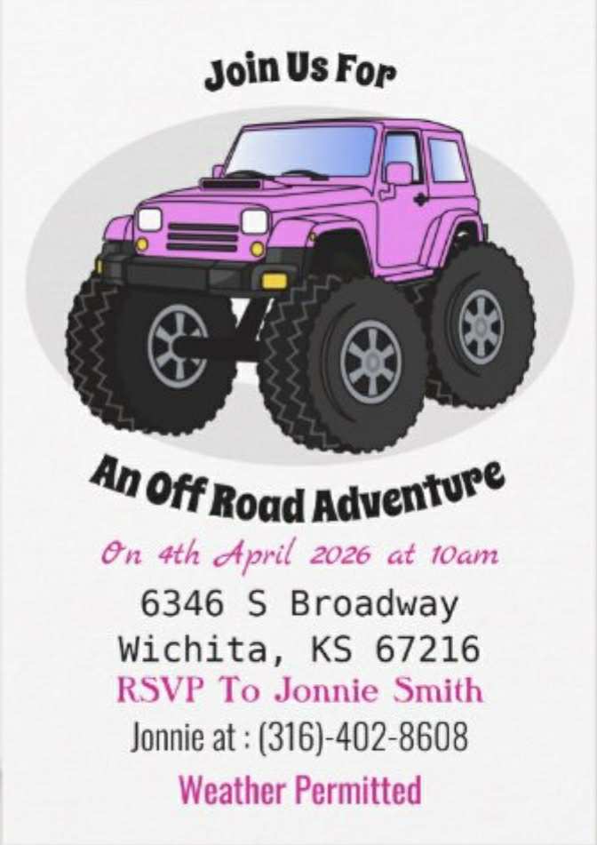An Off Road Adventure event at 6346 S Broadway in Wichita, KS on April 4, 2026