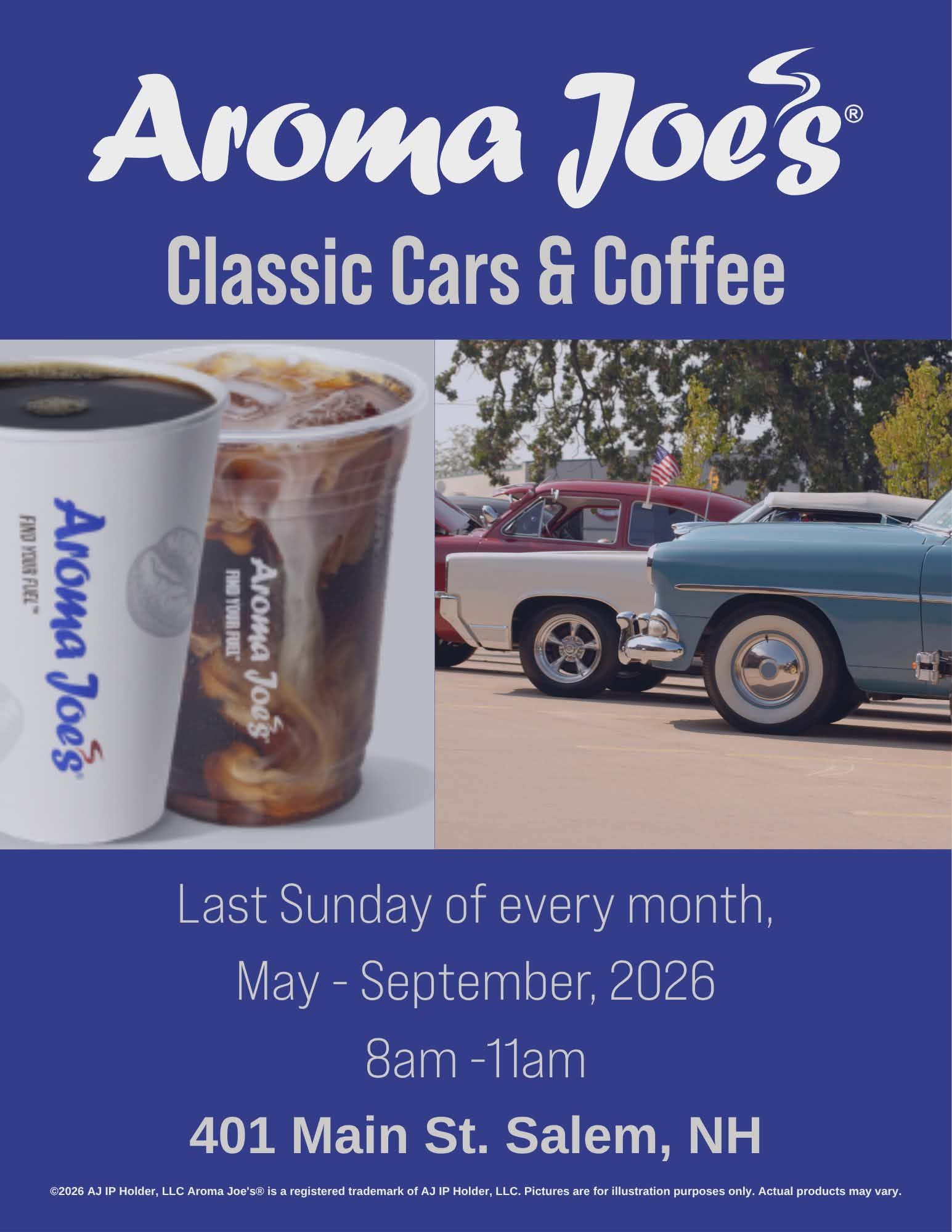 Aroma Joe's Classic Cars & Coffee event at 401 Main St. in Salem, NH on May 30, 2026