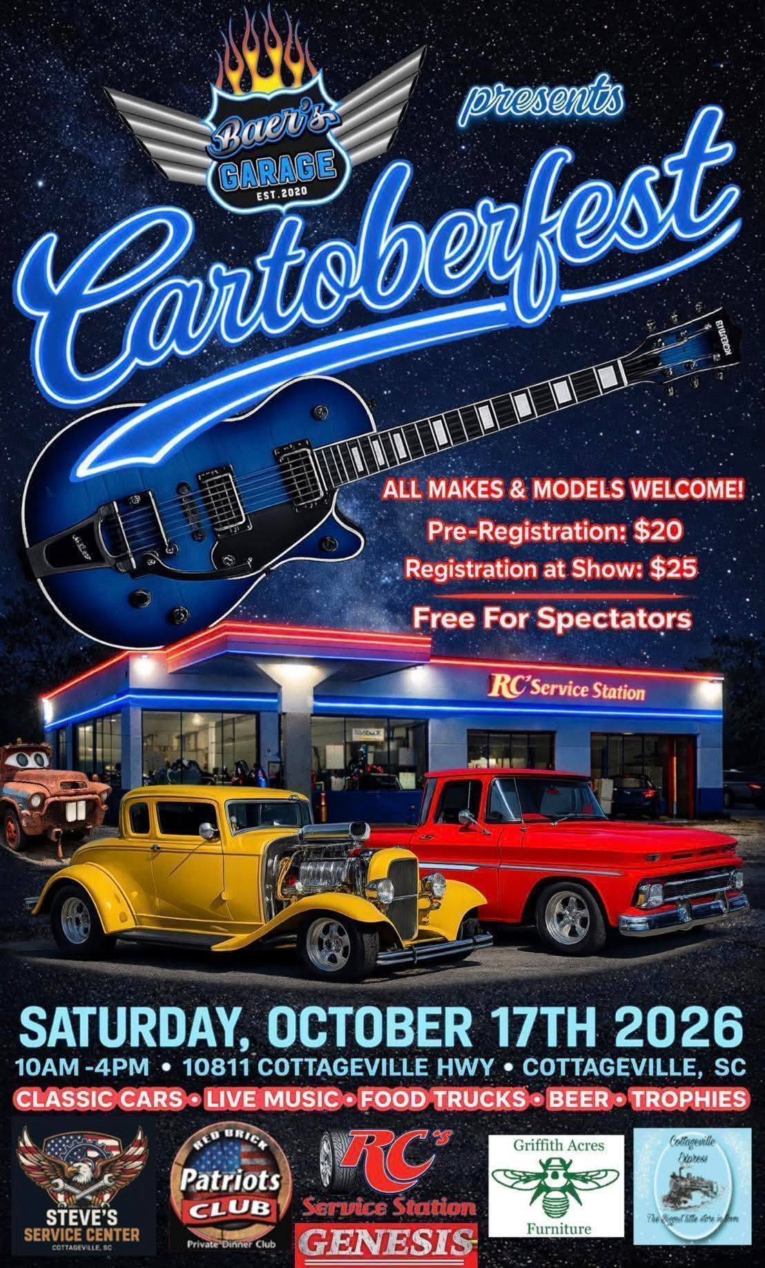 Baer's Garage Cartoberfest event at RC's Service Station in Cottageville, SC on October 17, 2026