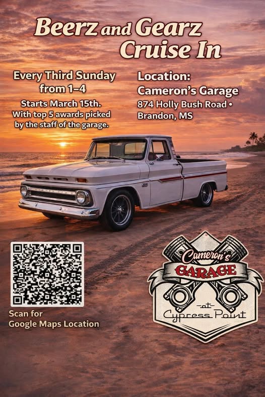 Beerz And Gearz Cruise In event at Cameron's Garage in Brandon, MS on March 15, 2026