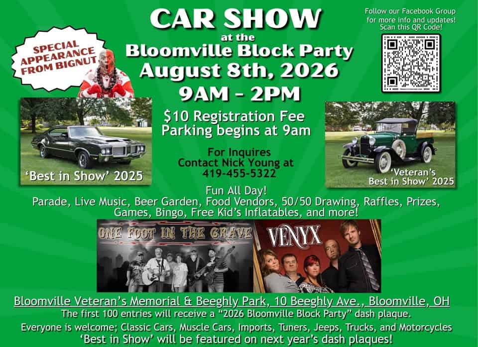 Bloomville Block Party Car show event at 10 Beeghly Ave in Bloomville, OH on August 8, 2026