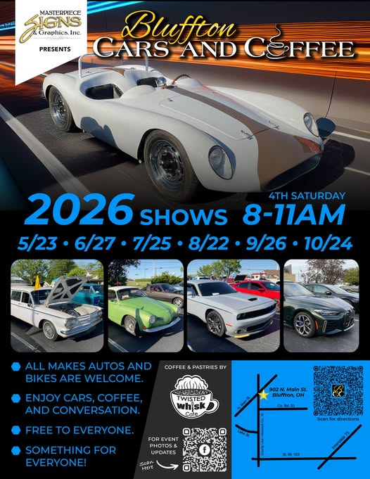 Bluffton Cars And Coffee event at Twisted Whisk Cafe in Bluffton, OH on May 23, 2026