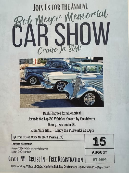 Bob Meyer Memorial Car Show event at Ford Street, Clyde NY (DPW Parking Lot) in Clyde, NY on August 15, 2026
