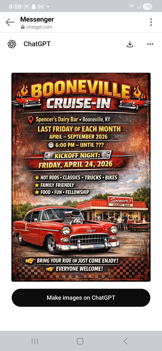 Booneville Cruise-In event at Spencer's Dairy Bar in Booneville, KY on April 24, 2026