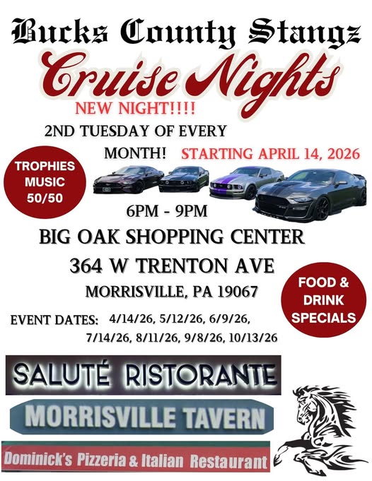 Bucks County Stangz Cruise Nights event at Big Oak Shopping Center in Morrisville, PA on April 14, 2026