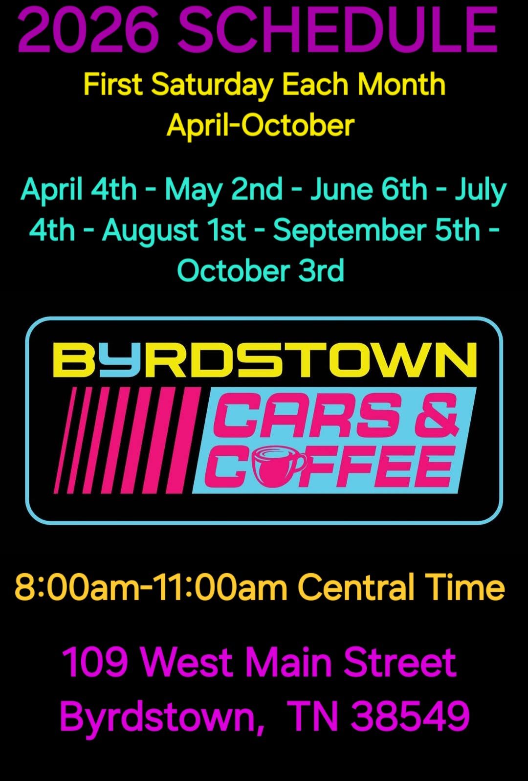 Byrdstown Cars & Coffee event at 109 West Main Street in Byrdstown, TN on April 4, 2026