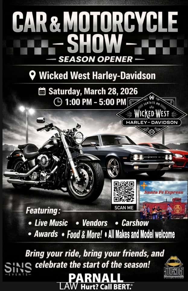Car & Motorcycle Show Season Opener event at 4360 Rodeo Rd in Santa Fe, NM on March 28, 2026
