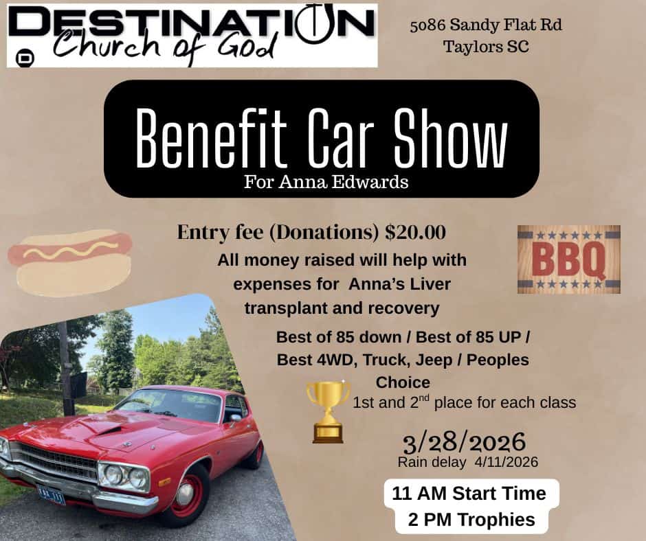 car show event at 5080 Sandy Flat Rd in Taylors, SC on March 28, 2026