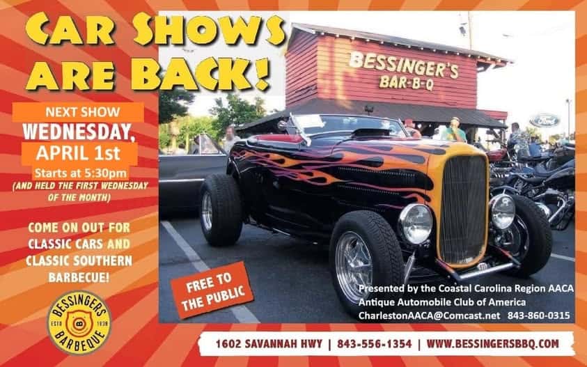 Car Shows Are Back! event at Bessinger's Bar-B-Q in Charleston, SC on April 1, 2026