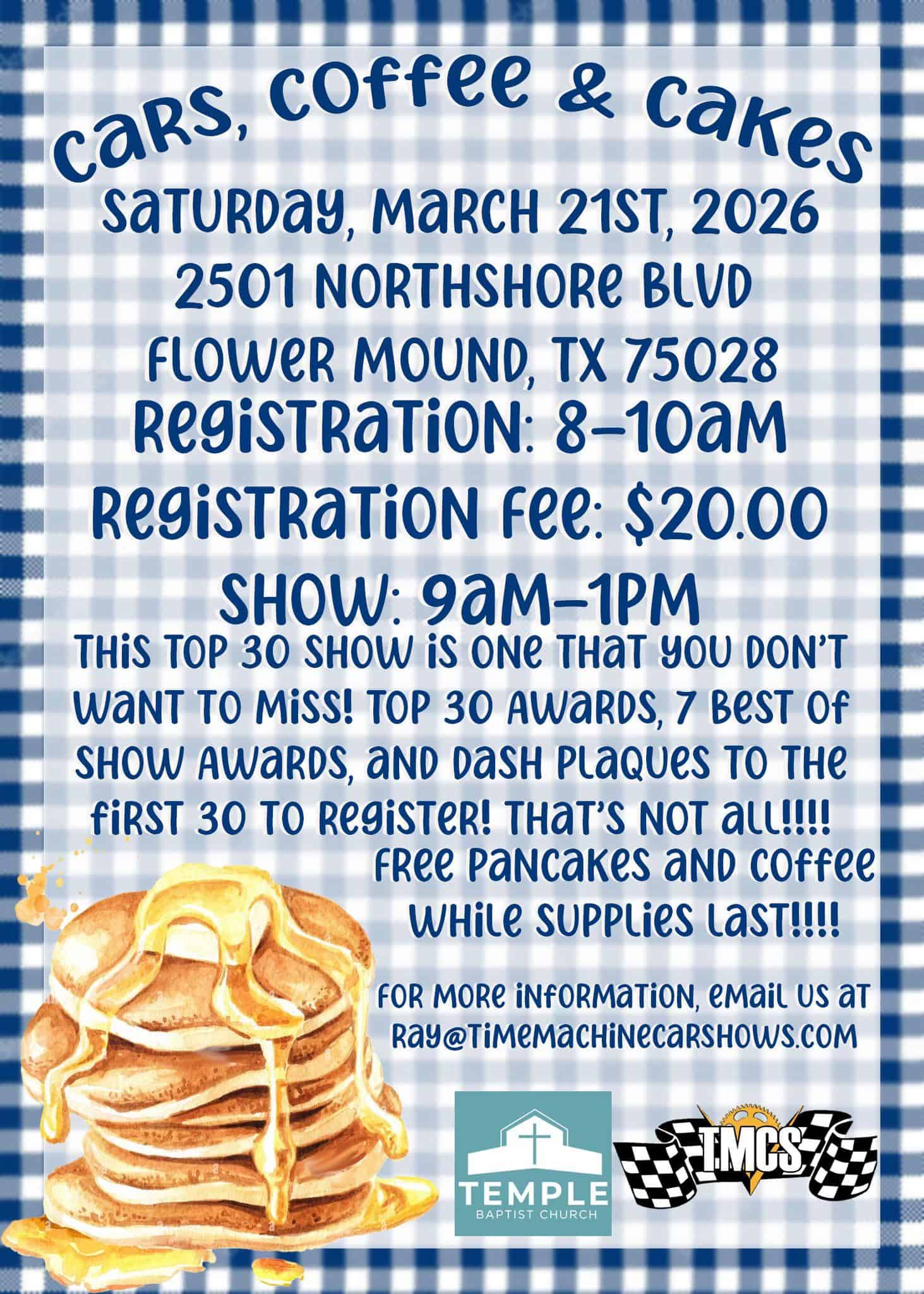 Cars, Coffee & Cakes event at Temple Baptist Church in Flower Mound, TX on March 21, 2026