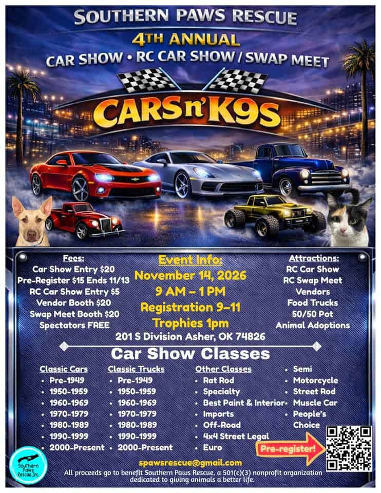 Cars n' K9s Car & RC Car Show event at 201 S Division St in Asher, OK on November 14, 2026