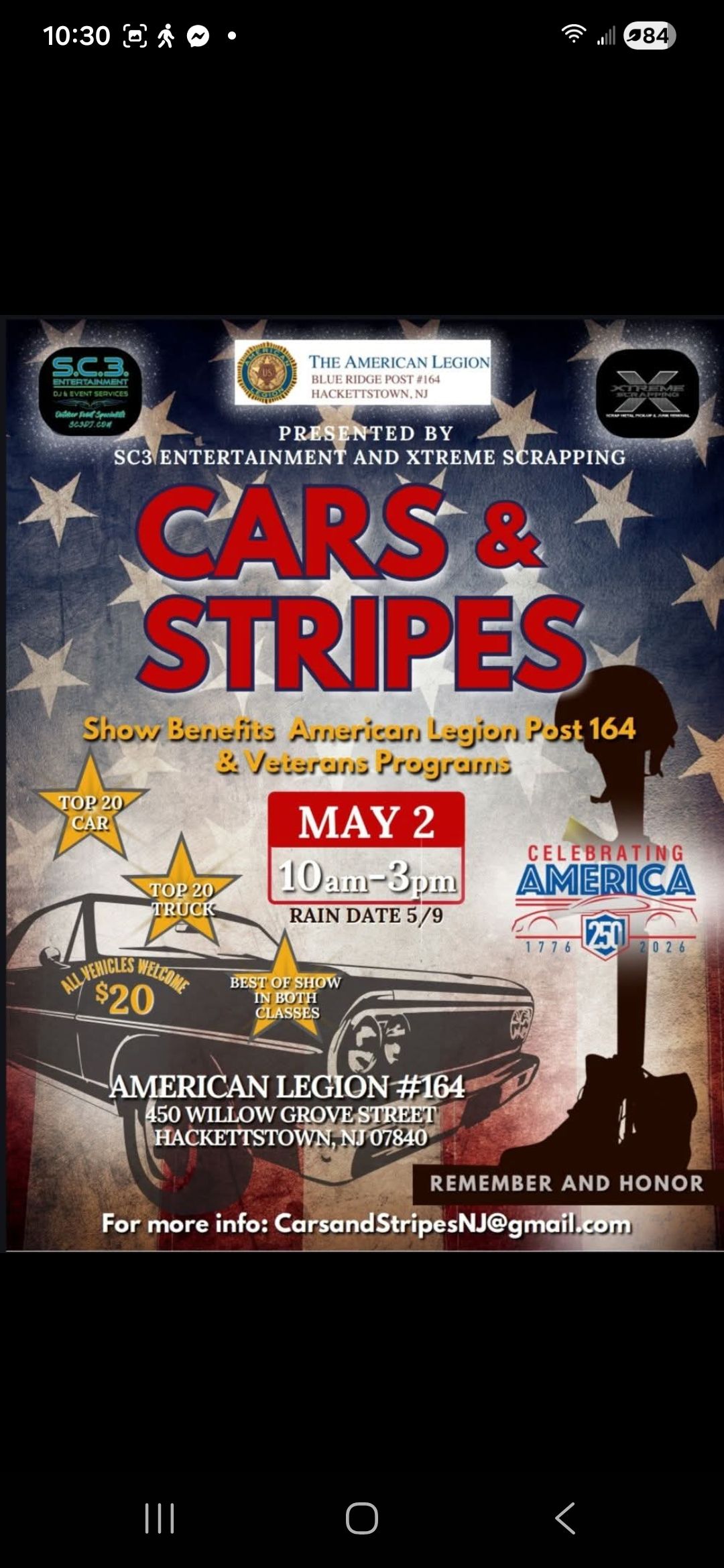 Cars & Stripes event at American Legion #164 in Hackettstown, NJ on May 2, 2026