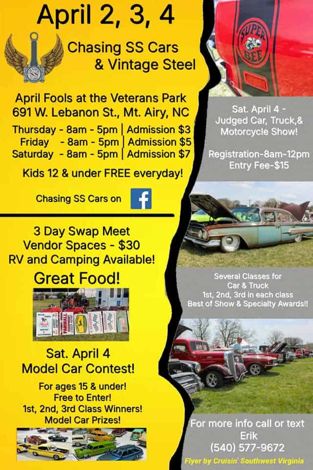 Chasing Cars April Fools Swap Meet event at 691 W Lebanon St in Mount Airy, NC on April 2, 2026