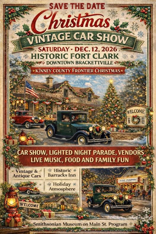 Christmas Vintage Car Show event at Historic Fort Clark in Brackettville, TX on December 12, 2026