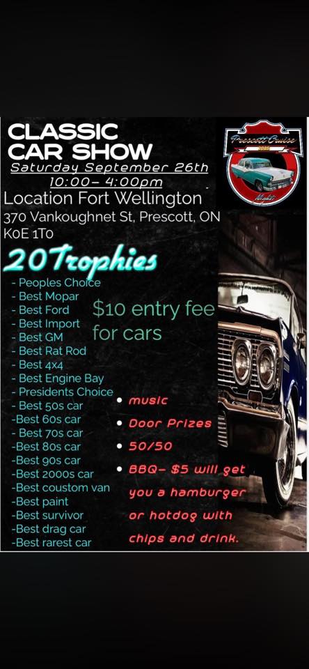 Classic Car Show event at Fort Wellington in Prescott, ON on September 26, 2026
