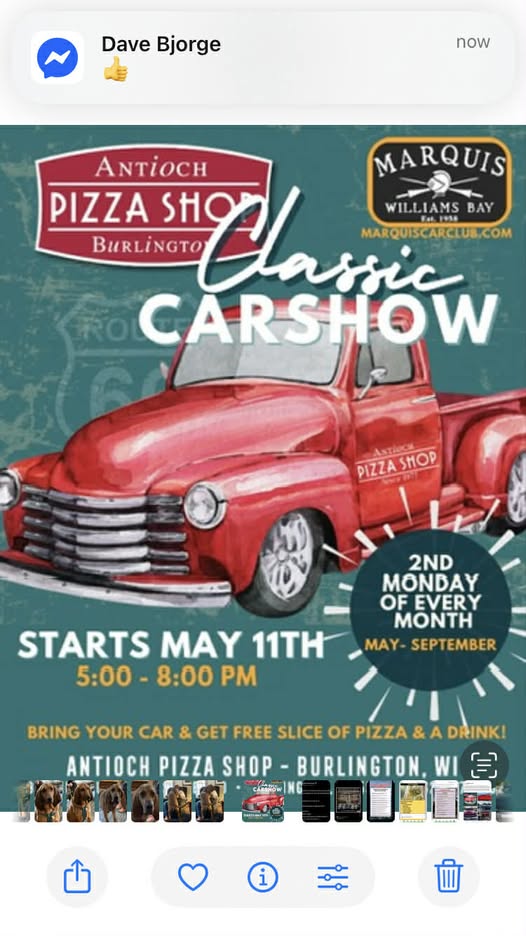 Classic Carshow event at Antioch Pizza Shop in Burlington, WI on May 11, 2026