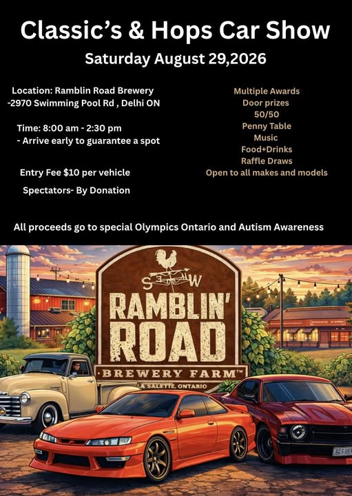 Classic's & Hops Car Show event at Ramblin Road Brewery in Delhi, ON on August 29, 2026