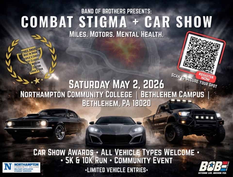Combat stigma car show event at 3835 Green Pond Rd in Bethlehem, PA on May 2, 2026