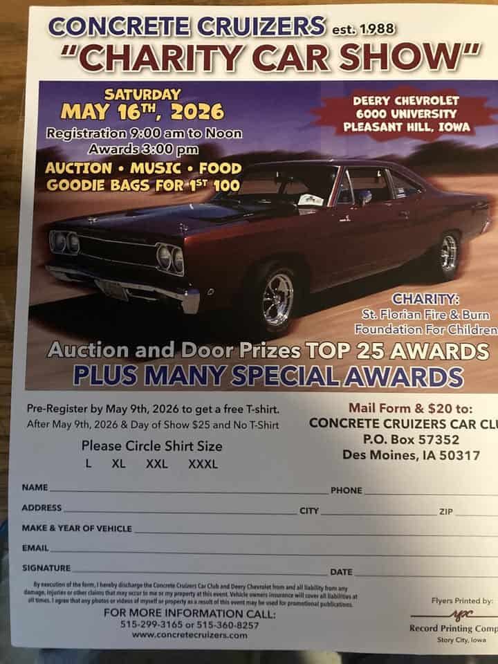 Concrete Cruizers Charity Car Show event at 6000 E University Ave in Pleasant Hill, IA on May 16, 2026