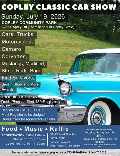 Copley Classic Car Show event at Copley Community Park in Akron, OH on July 19, 2026