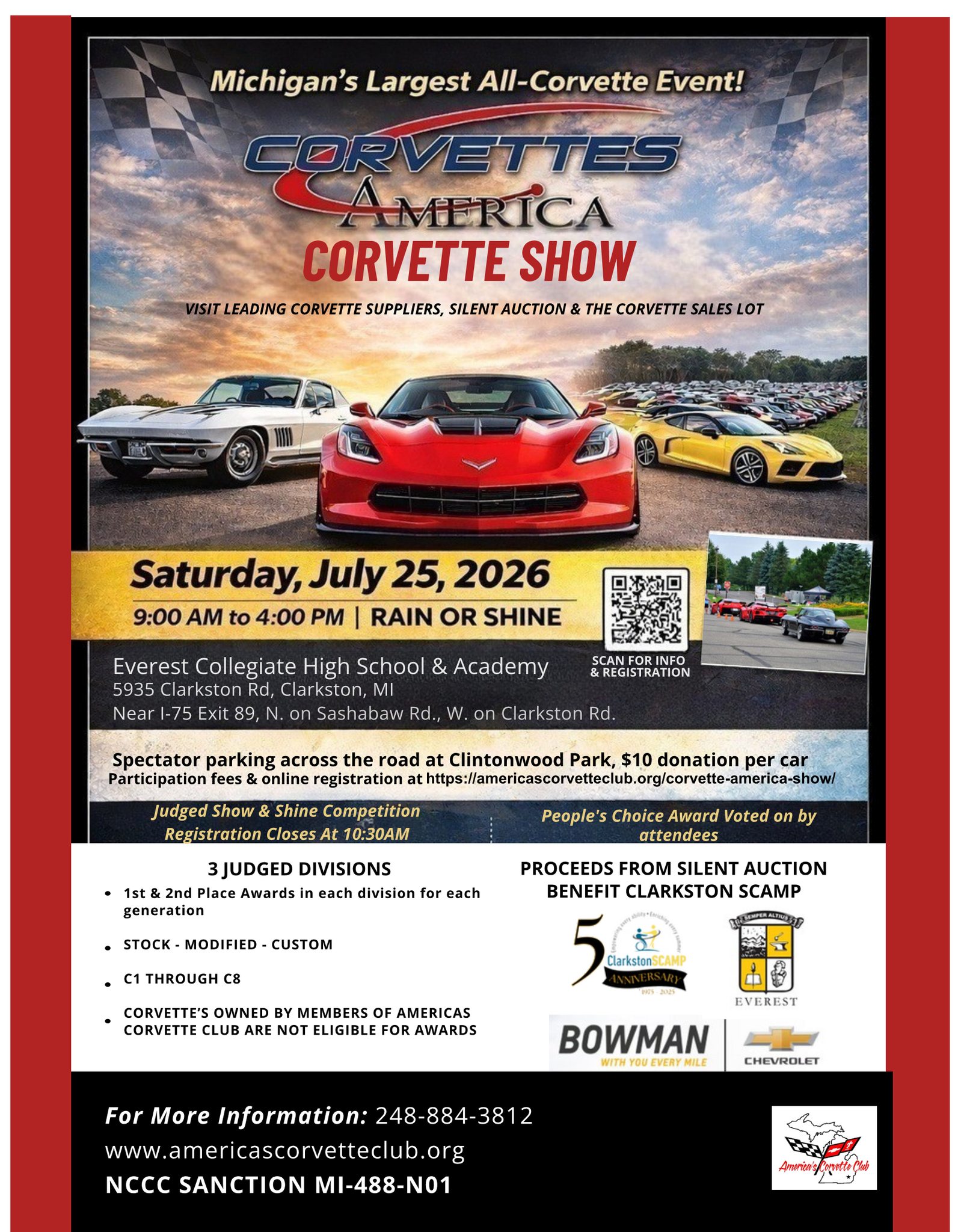 Corvettes America Corvette Show event at Everest Collegiate High School & Academy in Clarkston, MI on July 25, 2026