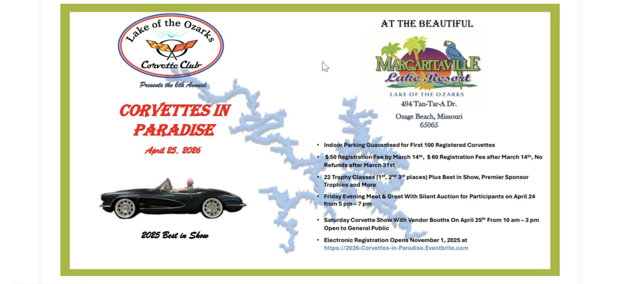 Corvettes In Paradise event at Margaritaville Lake Resort in Osage Beach, MO on April 25, 2026