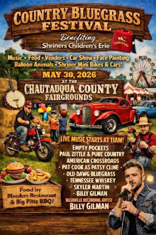 Country Bluegrass Festival event at Chautauqua County Fairgrounds in Dunkirk, NY on May 30, 2026