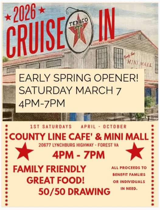County Line Café & Mini Mall Cruise In event at County Line Café & Mini Mall in Forest, VA on March 7, 2026