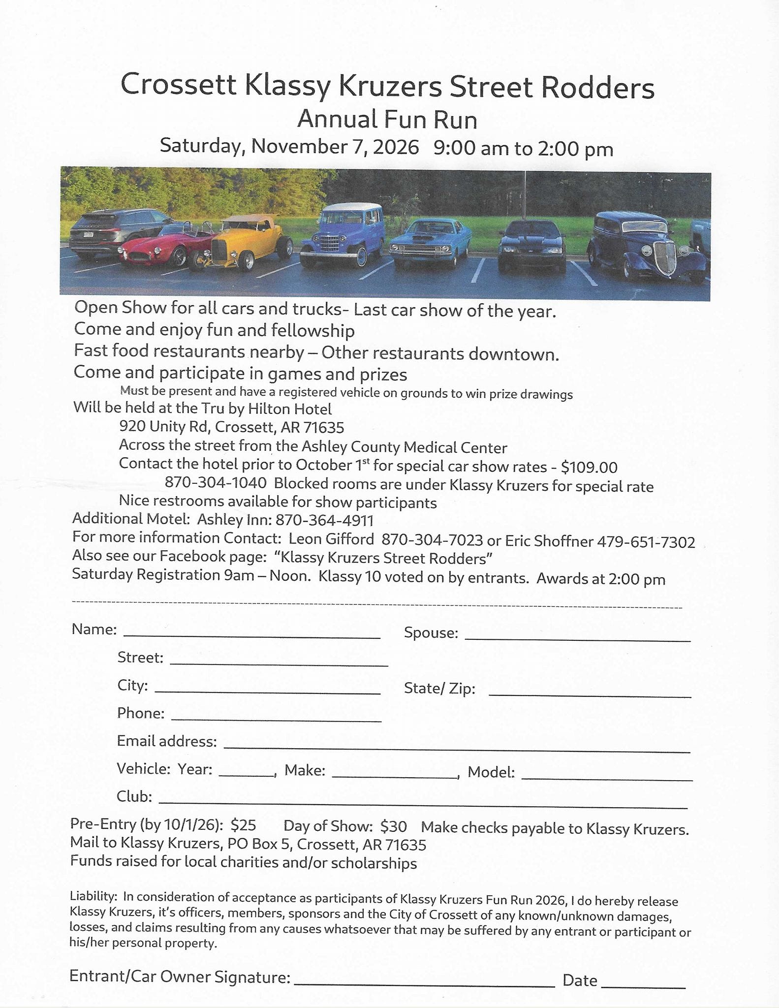 Crossett Klassy Kruzers Street Rodders Annual Fun Run event at Tru by Hilton Hotel in Crossett, AR on November 7, 2026