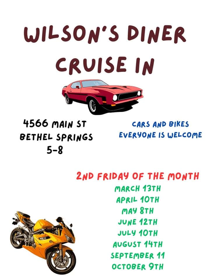 Cruise In event at 4566 Main St in Bethel Springs, TN on March 13, 2026