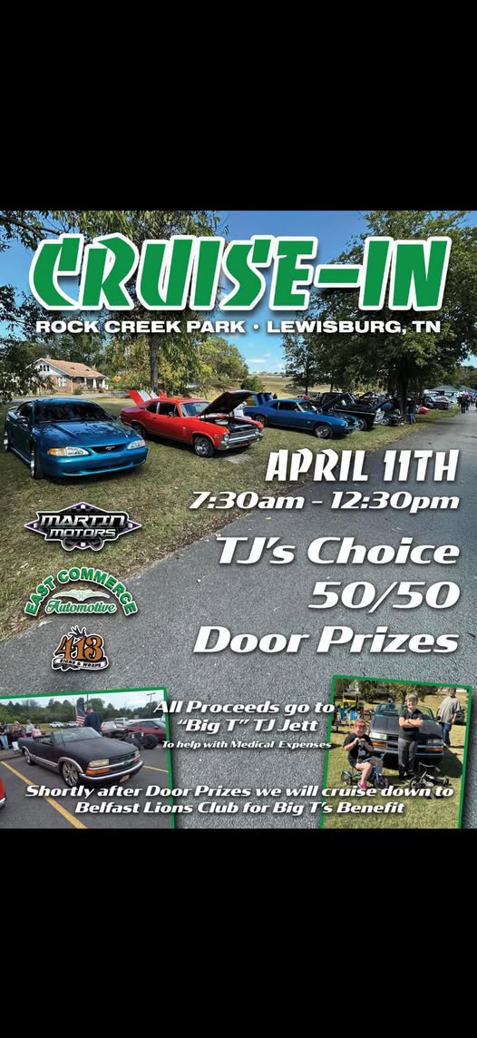Cruise-In event at Rock Creek Park in Lewisburg, TN on April 11, 2026