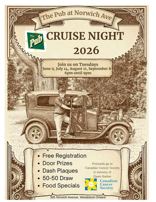 Cruise Night event at The Pub at Norwich Ave in Woodstock, ON on June 9, 2026