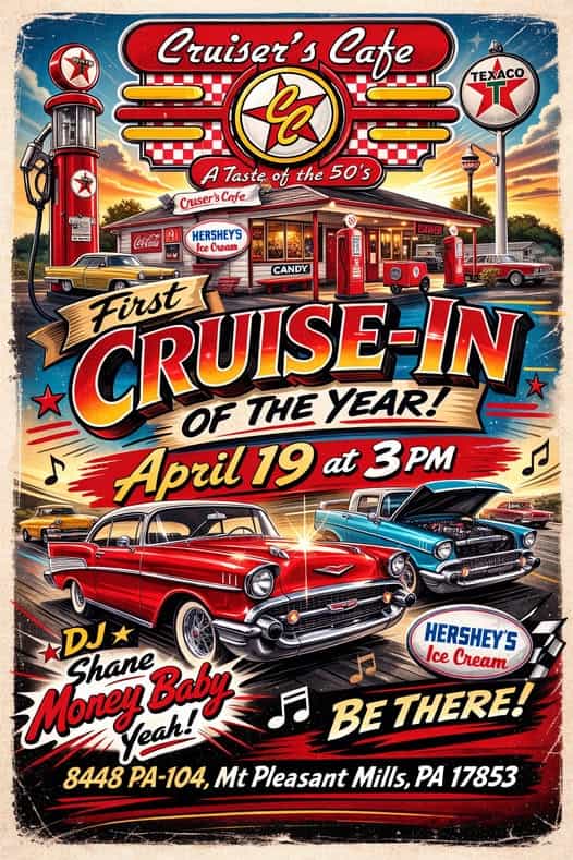Cruiser's Cafe Cruise-In event at Cruiser's Cafe in Mt Pleasant Mills, PA on April 19, 2026