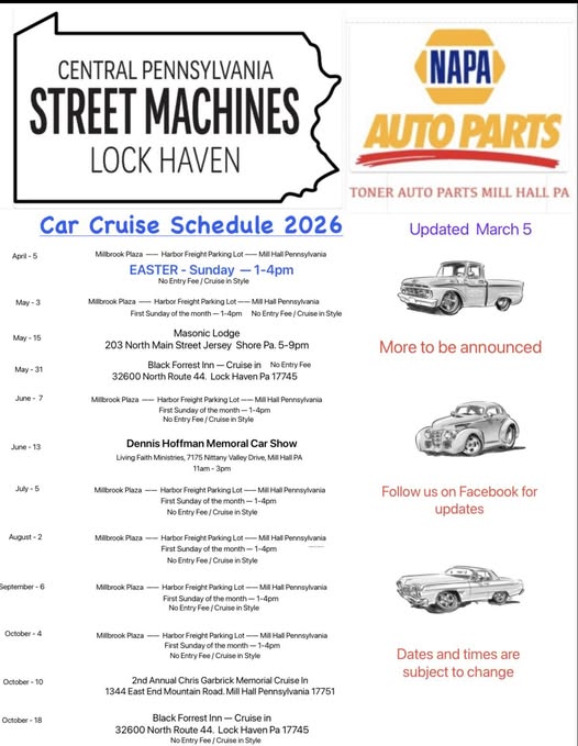 Dennis Hoffman Memorial Car Show event at Living Faith Ministries in Mill Hall, PA on June 13, 2026